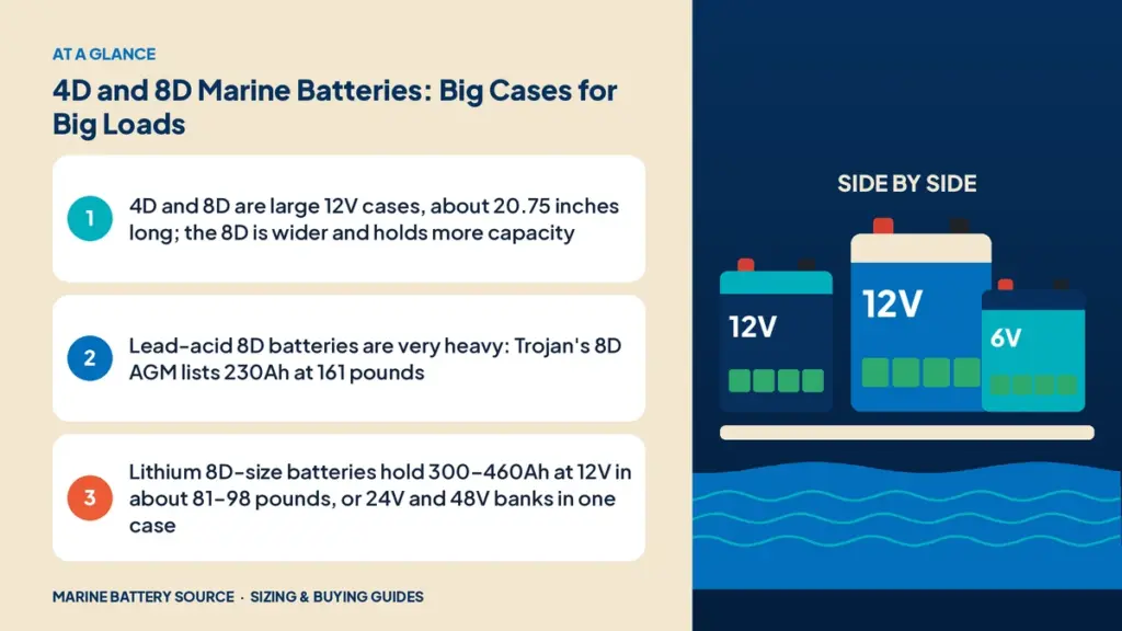 At-a-glance summary: 4D and 8D are large 12V cases, about 20.75 inches long; the 8D is wider and holds more capacity; Lead-acid 8D batteries are very heavy: Trojan's 8D AGM lists 230Ah at 161 pounds; Lithium 8D-size batteries hold 300–460Ah at 12V in about 81–98 pounds, or 24V and 48V banks in one case