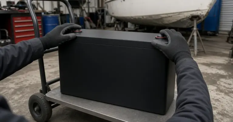 Gloved hands moving a large 8D battery on a hand truck in a boatyard shop