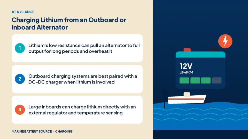 At-a-glance summary: Lithium's low resistance can pull an alternator to full output for long periods and overheat it; Outboard charging systems are best paired with a DC-DC charger when lithium is involved; Large inboards can charge lithium directly with an external regulator and temperature sensing
