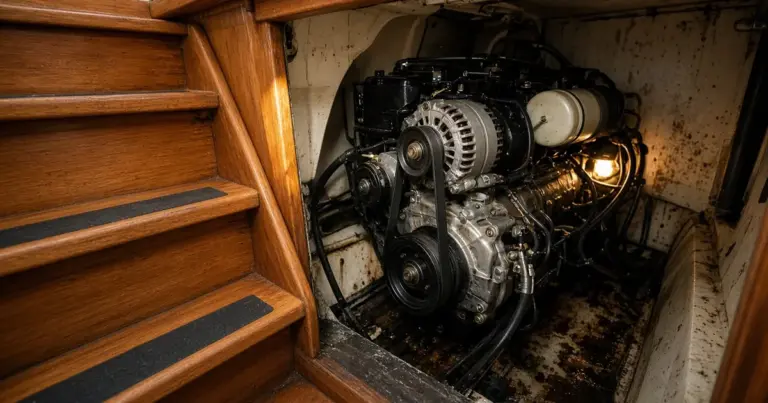 Inboard engine and alternator under a work light in a boat's engine compartment below the companionway steps