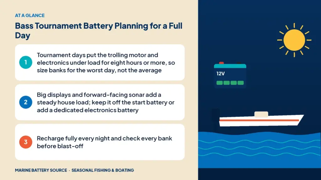 At-a-glance summary: Tournament days put the trolling motor and electronics under load for eight hours or more, so size banks for the worst day, not the average; Big displays and forward-facing sonar add a steady house load; keep it off the start battery or add a dedicated electronics battery; Recharge fully every night and check every bank before blast-off