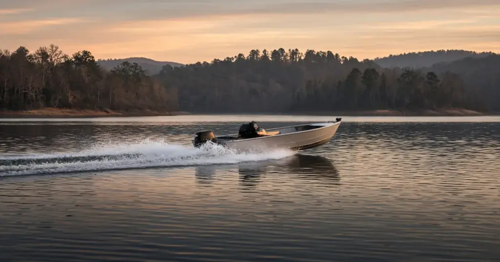 Bass boat speeding across a calm lake at sunrise