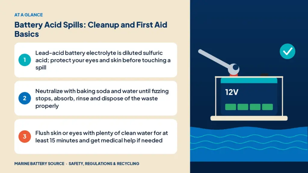 At-a-glance summary: Lead-acid battery electrolyte is diluted sulfuric acid; protect your eyes and skin before touching a spill; Neutralize with baking soda and water until fizzing stops, absorb, rinse and dispose of the waste properly; Flush skin or eyes with plenty of clean water for at least 15 minutes and get medical help if needed