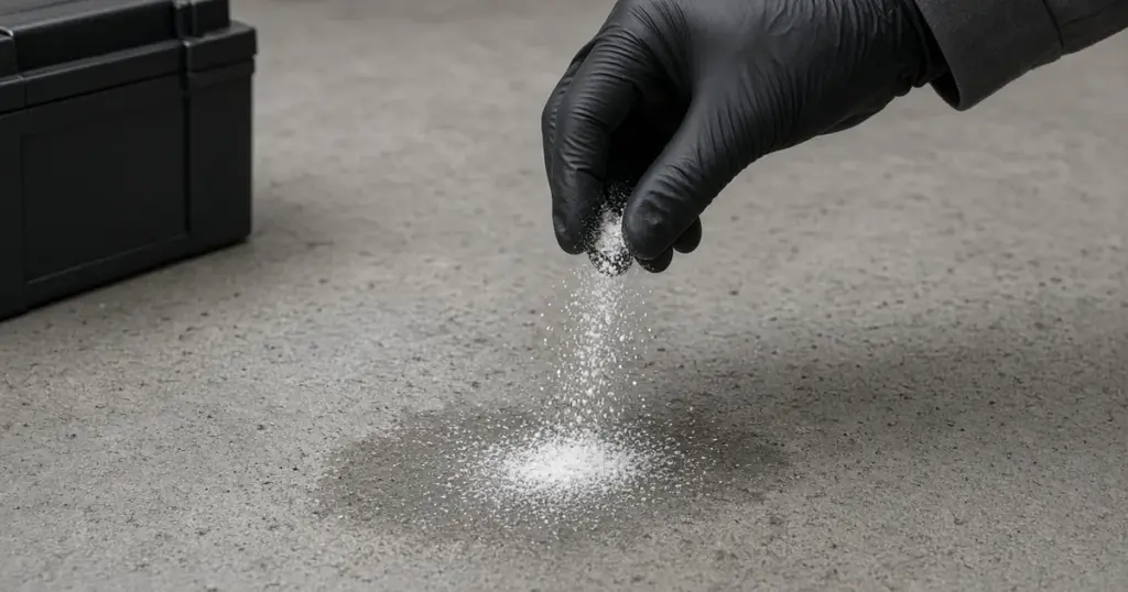 Gloved hand sprinkling baking soda onto a spill beside a battery on a concrete floor