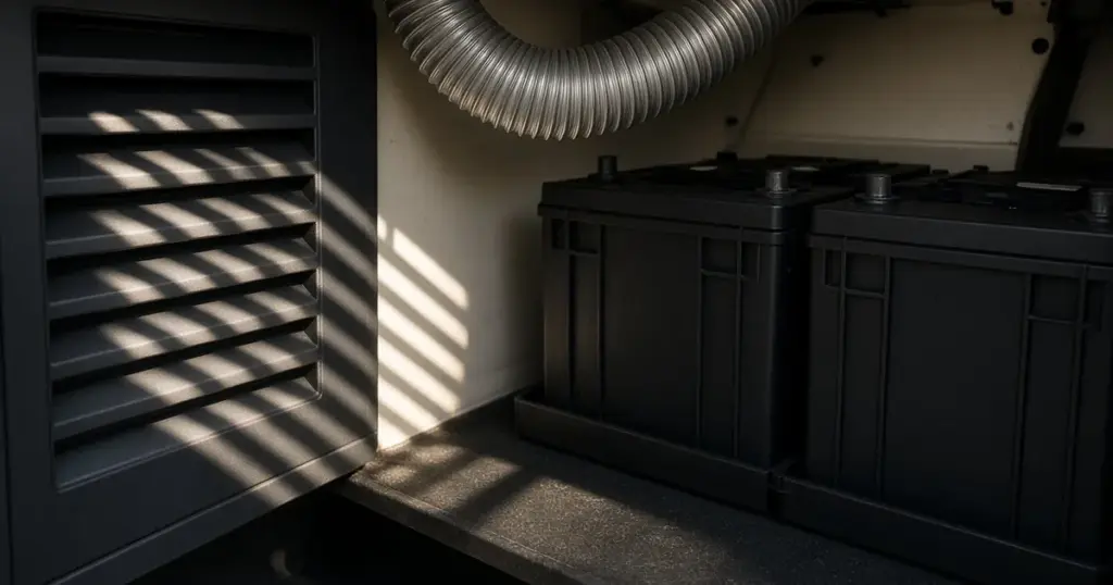 Louvered vent and ducting beside batteries in a boat's battery compartment