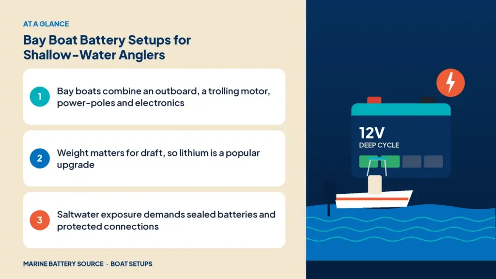 At-a-glance summary: Bay boats combine an outboard, a trolling motor, power-poles and electronics; Weight matters for draft, so lithium is a popular upgrade; Saltwater exposure demands sealed batteries and protected connections