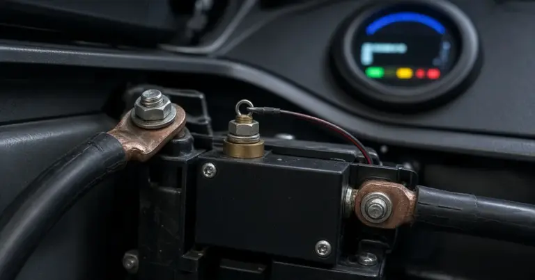 Battery monitor shunt with heavy cables mounted in a boat locker below a round battery monitor display