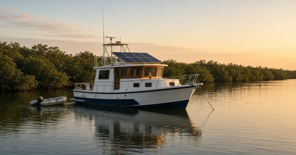 Houseboat-style cruiser with solar panels on its roof anchored near mangroves at sunset