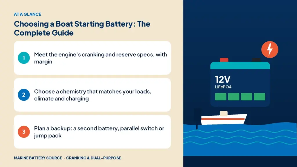 At-a-glance summary: Meet the engine's cranking and reserve specs, with margin; Choose a chemistry that matches your loads, climate and charging; Plan a backup: a second battery, parallel switch or jump pack