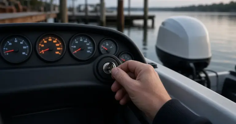 Hand turning the ignition key on a boat dashboard with gauges, outboard engine and marina behind