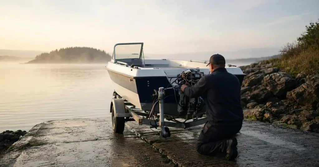 Boater kneeling at the stern of a boat on a trailer at a boat ramp at dawn