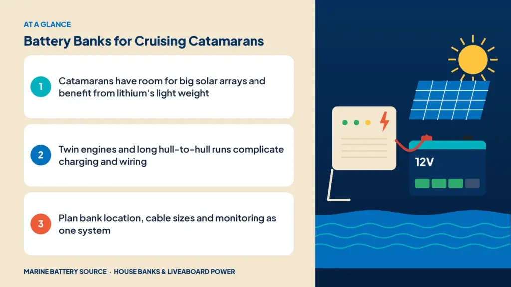 At-a-glance summary: Catamarans have room for big solar arrays and benefit from lithium's light weight; Twin engines and long hull-to-hull runs complicate charging and wiring; Plan bank location, cable sizes and monitoring as one system
