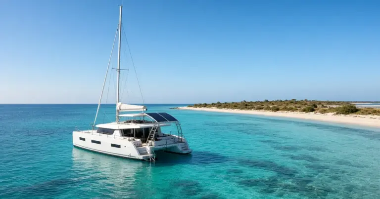 Sailing catamaran with solar panels anchored in turquoise water off a sandy island