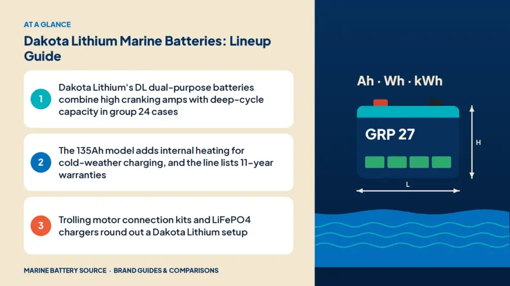 At-a-glance summary: Dakota Lithium's DL dual-purpose batteries combine high cranking amps with deep-cycle capacity in group 24 cases; The 135Ah model adds internal heating for cold-weather charging, and the line lists 11-year warranties; Trolling motor connection kits and LiFePO4 chargers round out a Dakota Lithium setup