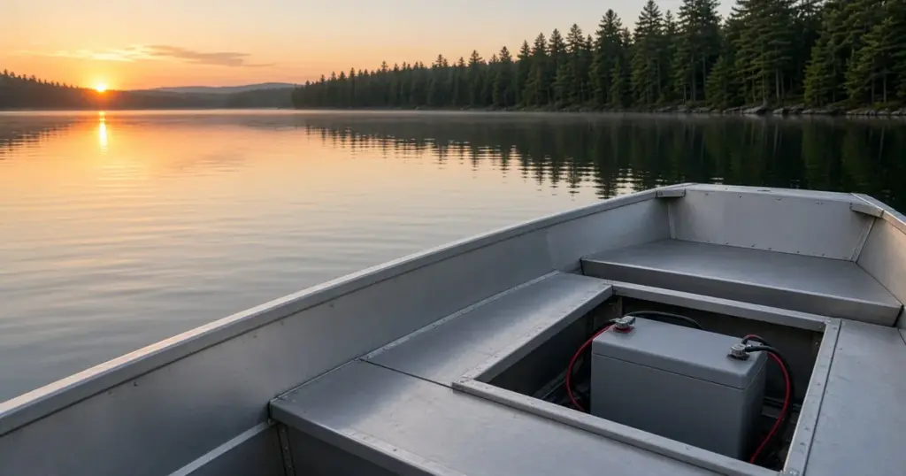 Lithium battery in the open compartment of an aluminum boat on a lake at sunset