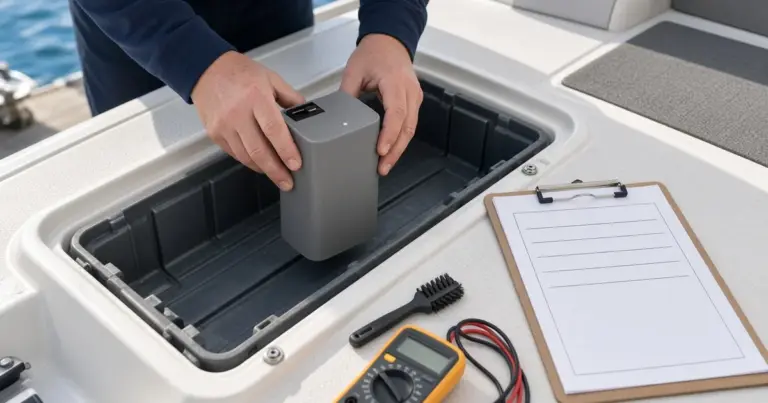 Hands setting a compact lithium battery into an empty battery tray on a boat, with a multimeter and checklist clipboard nearby