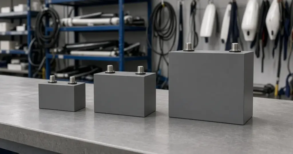 Three lithium batteries in small, medium and large sizes on a shop bench
