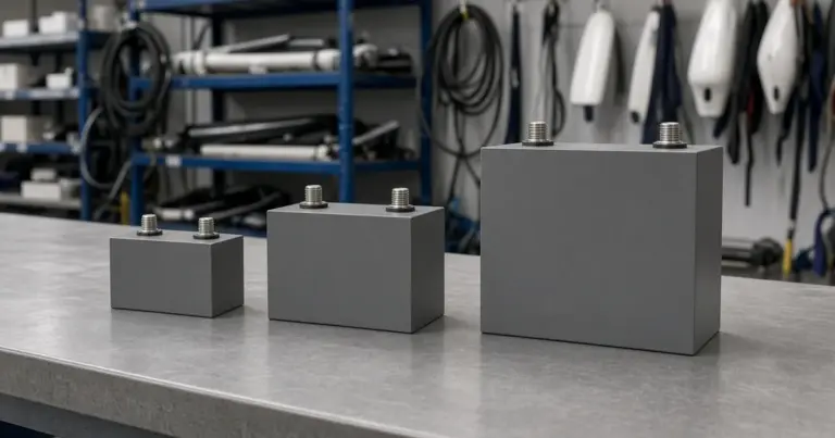 Three lithium batteries in small, medium and large sizes on a shop bench
