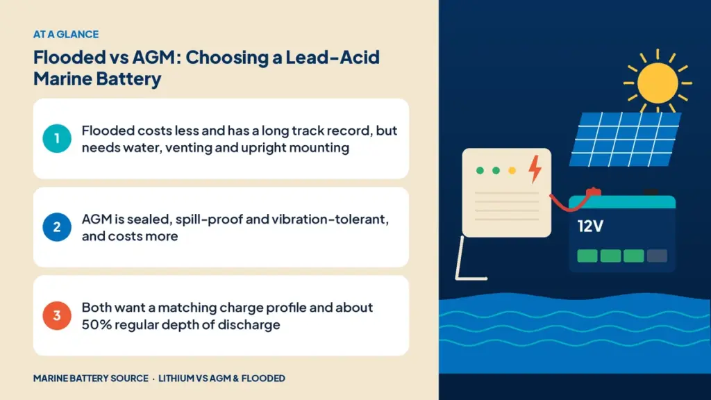 At-a-glance summary: Flooded costs less and has a long track record, but needs water, venting and upright mounting; AGM is sealed, spill-proof and vibration-tolerant, and costs more; Both want a matching charge profile and about 50% regular depth of discharge