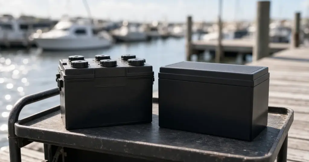 Flooded battery with vent caps beside a sealed AGM battery on a dock cart at a marina