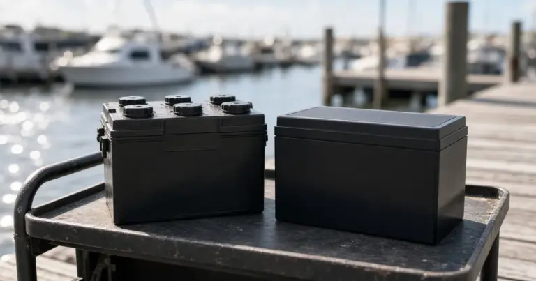 Flooded battery with vent caps beside a sealed AGM battery on a dock cart at a marina