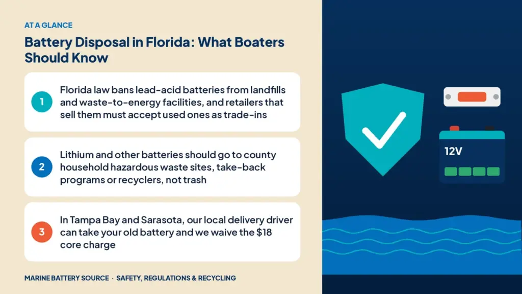 At-a-glance summary: Florida law bans lead-acid batteries from landfills and waste-to-energy facilities, and retailers that sell them must accept used ones as trade-ins; Lithium and other batteries should go to county household hazardous waste sites, take-back programs or recyclers, not trash; When you book our installation, we take your old battery and waive the $18 core charge