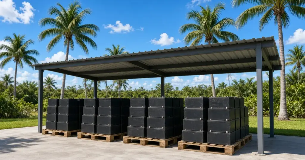Pallets of used batteries under a covered collection shelter surrounded by palm trees