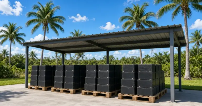 Pallets of used batteries under a covered collection shelter surrounded by palm trees