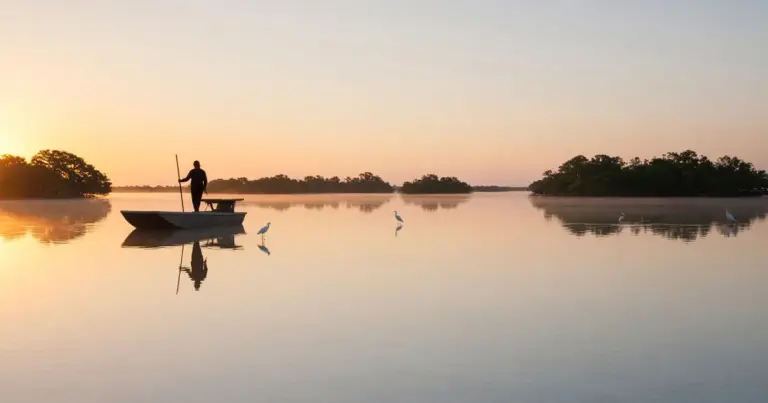 Angler silhouetted poling a flats skiff across glassy water at sunrise