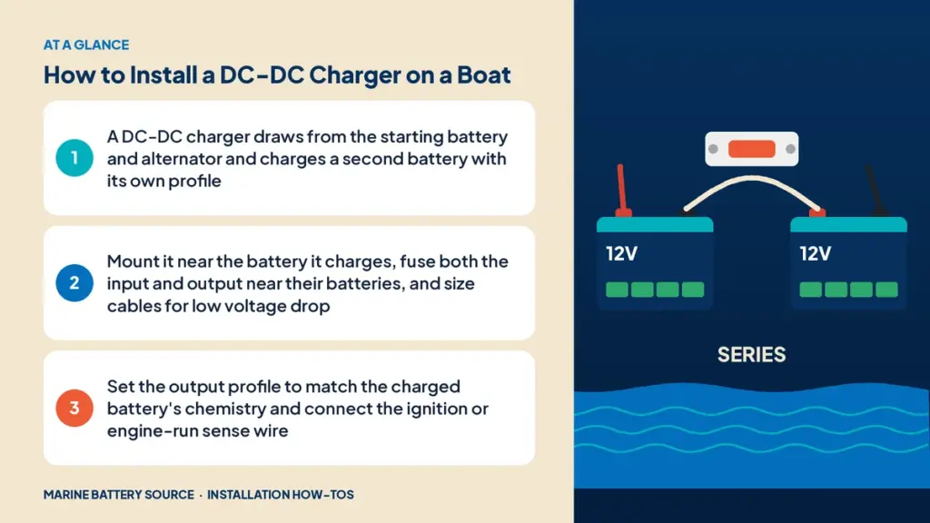 At-a-glance summary: A DC-DC charger draws from the starting battery and alternator and charges a second battery with its own profile; Mount it near the battery it charges, fuse both the input and output near their batteries, and size cables for low voltage drop; Set the output profile to match the charged battery's chemistry and connect the ignition or engine-run sense wire