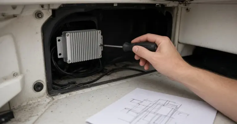 Hand with a screwdriver mounting a DC-DC charger in a boat compartment, wiring diagram nearby