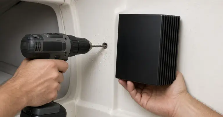 Hands drilling mounting holes for an onboard charger on a boat compartment wall