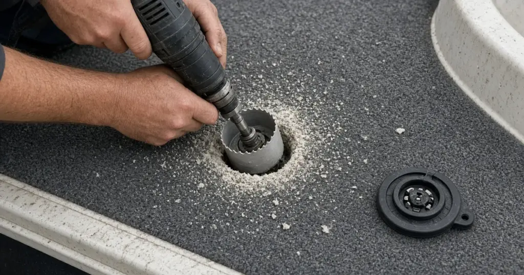 Hands cutting a hole for a trolling motor receptacle in a boat's carpeted deck