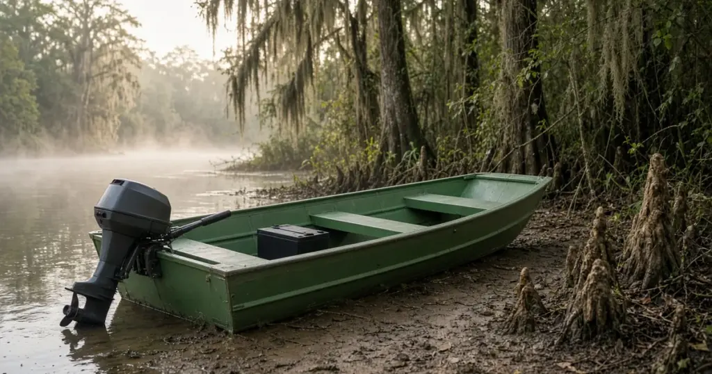 Green jon boat with a tiller outboard pulled up on a misty, moss-draped riverbank