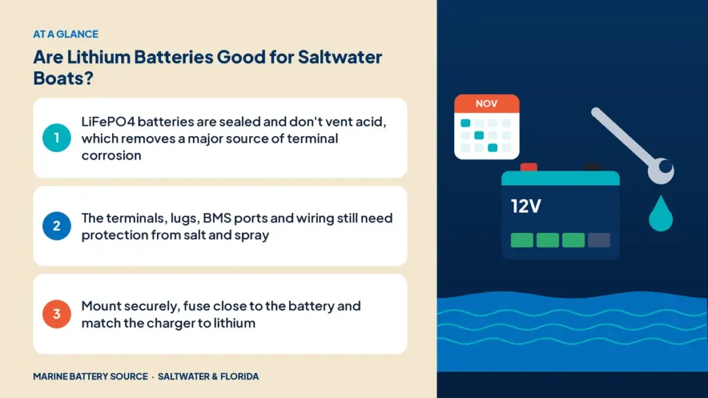 At-a-glance summary: LiFePO4 batteries are sealed and don't vent acid, which removes a major source of terminal corrosion; The terminals, lugs, BMS ports and wiring still need protection from salt and spray; Mount securely, fuse close to the battery and match the charger to lithium