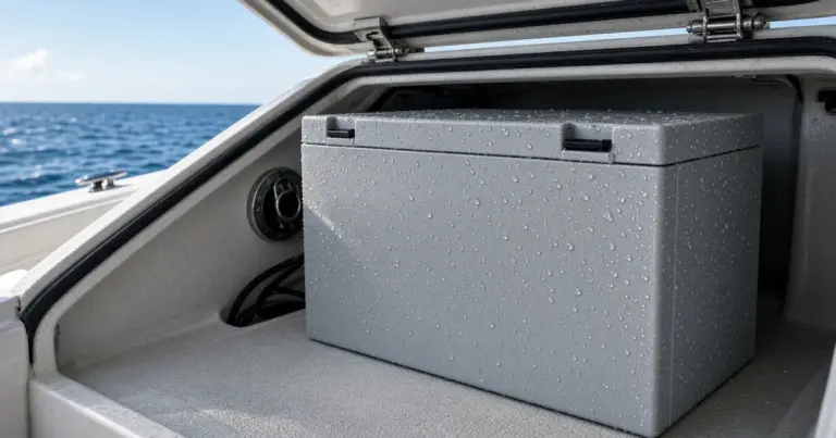 Open console hatch on a saltwater boat showing a battery box, with the ocean behind
