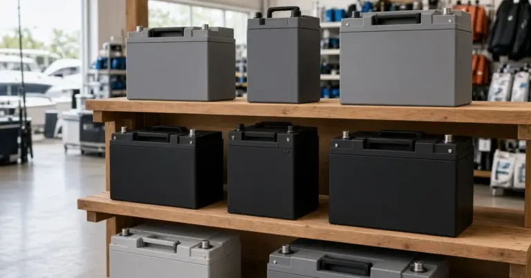 Shelves of lithium and AGM marine batteries in a marine store near the water
