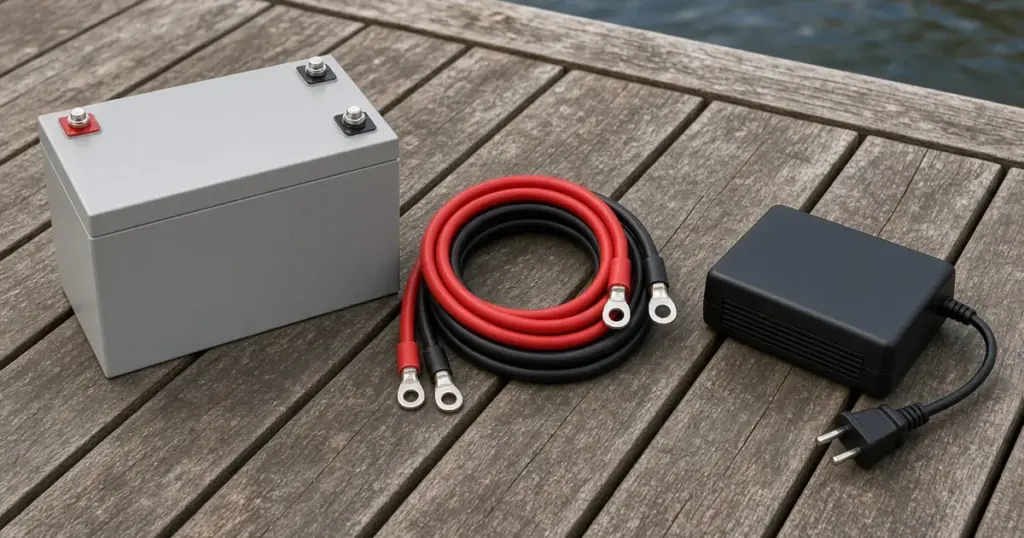Lithium battery, red and black cables and a charger laid out on a wooden dock