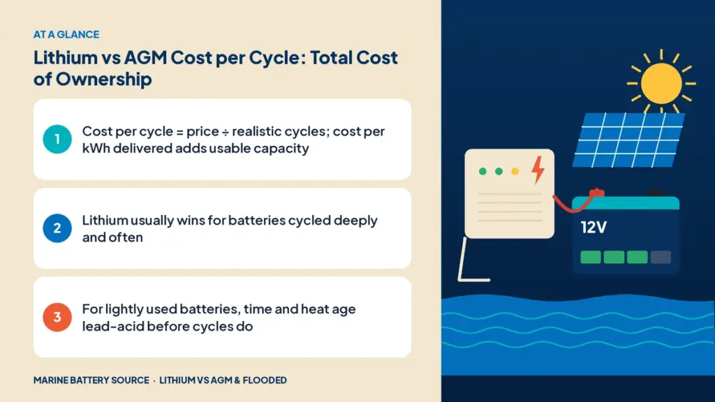 At-a-glance summary: Cost per cycle = price ÷ realistic cycles; cost per kWh delivered adds usable capacity; Lithium usually wins for batteries cycled deeply and often; For lightly used batteries, time and heat age lead-acid before cycles do