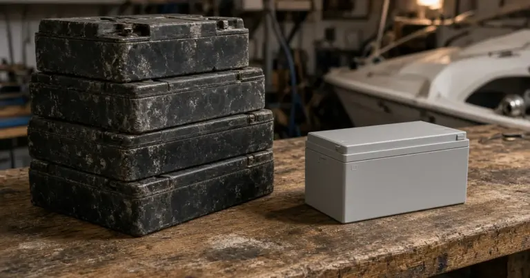 Stack of worn lead-acid batteries next to a single lithium battery on a workshop bench, boat in the background