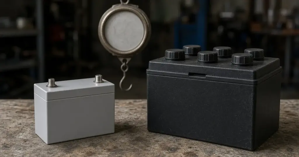 Small lithium battery beside a larger flooded lead-acid battery under a hanging scale