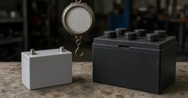 Small lithium battery beside a larger flooded lead-acid battery under a hanging scale