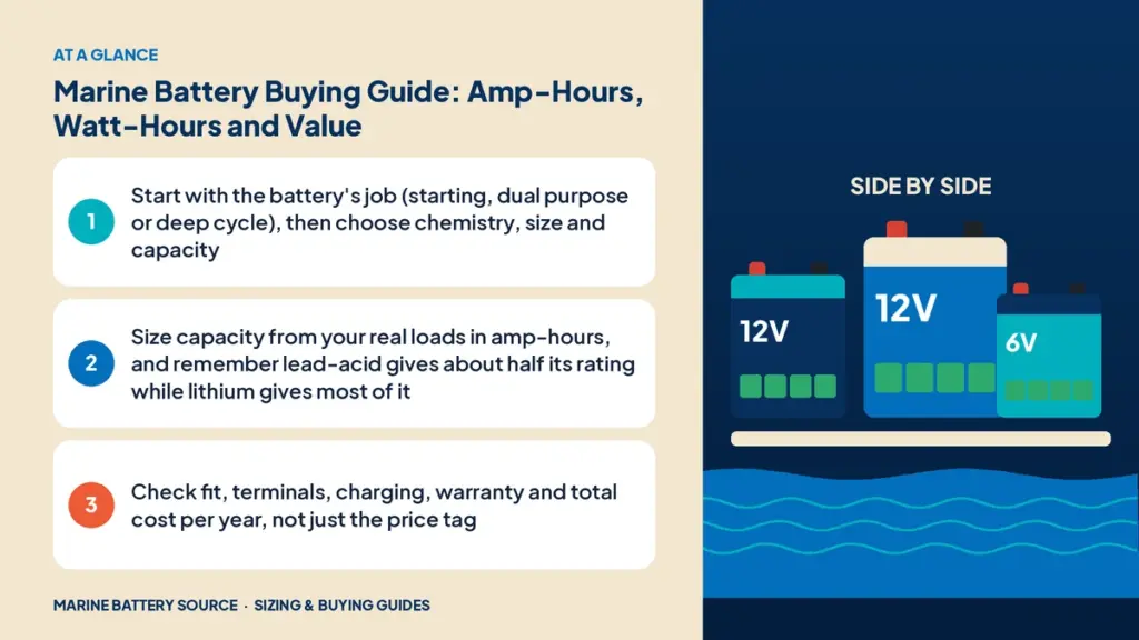 At-a-glance summary: Start with the battery's job (starting, dual purpose or deep cycle), then choose chemistry, size and capacity; Size capacity from your real loads in amp-hours, and remember lead-acid gives about half its rating while lithium gives most of it; Check fit, terminals, charging, warranty and total cost per year, not just the price tag