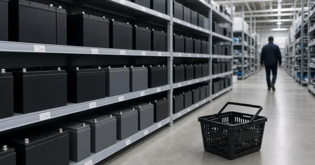 Warehouse aisle lined with shelves of marine batteries and a shopping basket on the floor