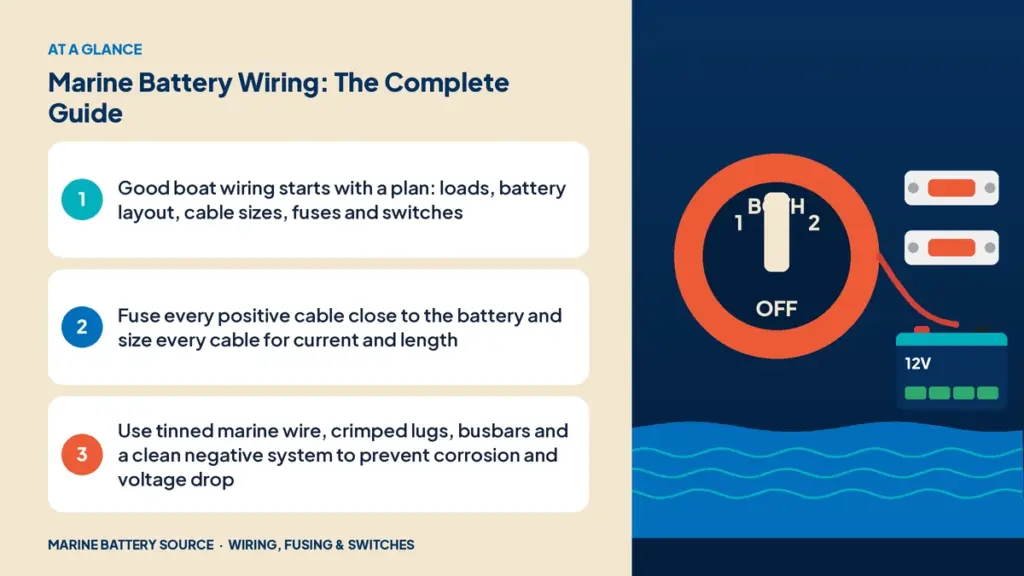 At-a-glance summary: Good boat wiring starts with a plan: loads, battery layout, cable sizes, fuses and switches; Fuse every positive cable close to the battery and size every cable for current and length; Use tinned marine wire, crimped lugs, busbars and a clean negative system to prevent corrosion and voltage drop