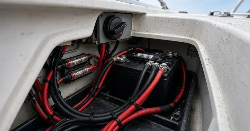 Battery compartment on a boat with neatly routed red and black cables, inline fuses and a battery switch
