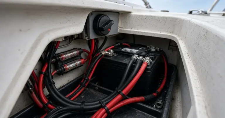 Battery compartment on a boat with neatly routed red and black cables, inline fuses and a battery switch