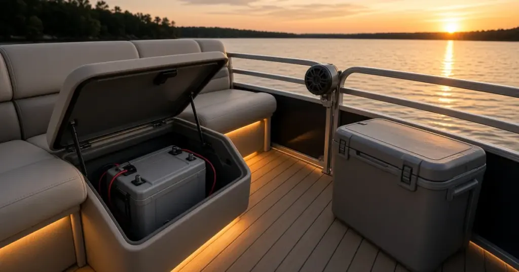 Pontoon seat lifted to show a second battery, with LED deck lighting and a cooler at sunset