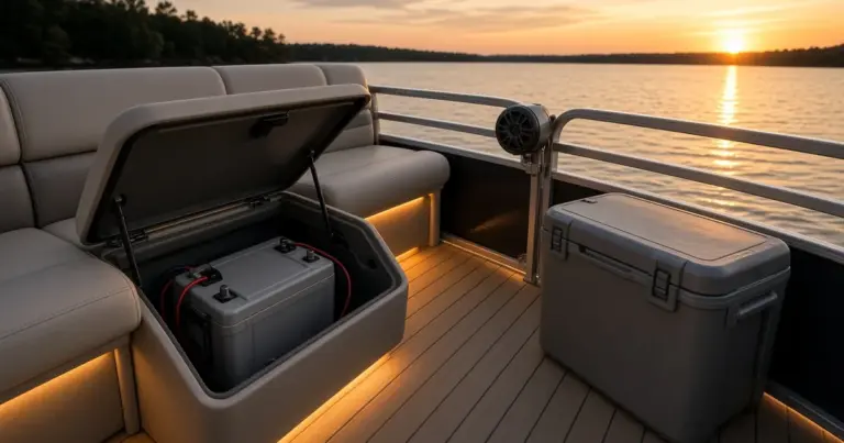 Pontoon seat lifted to show a second battery, with LED deck lighting and a cooler at sunset