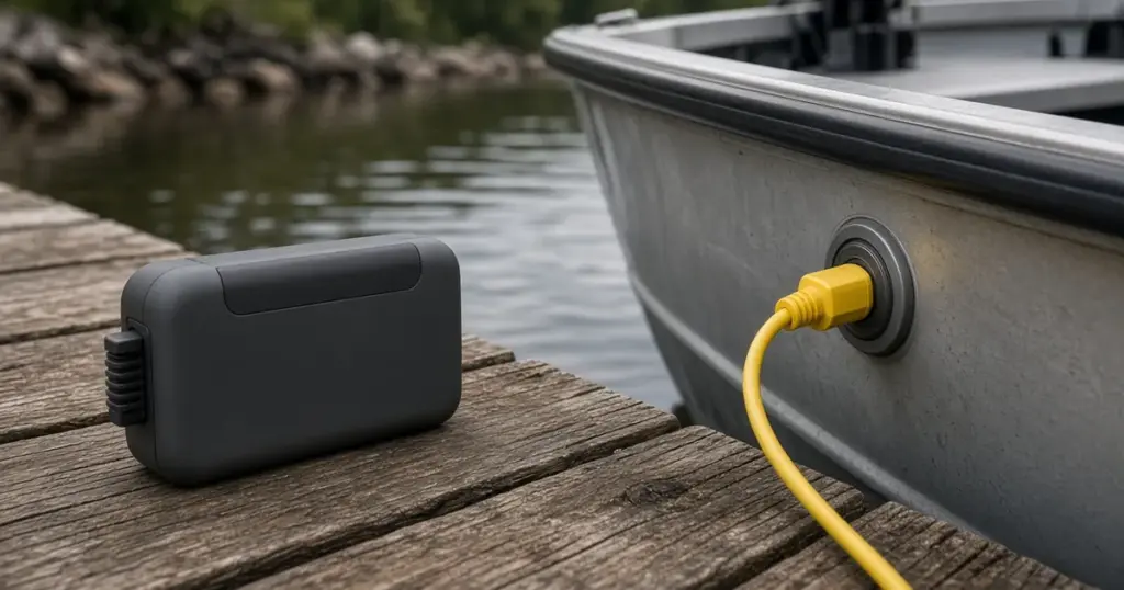 Portable battery charger on a wooden dock beside a boat with a yellow charging cord plugged into its hull inlet